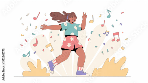Young woman dancing with music notes around her carefree and joyful colorful illustration