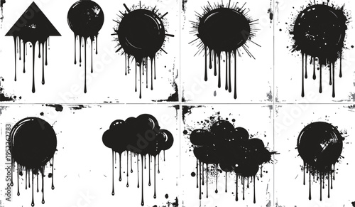 Set of grunge ink splatters and drips with distressed borders