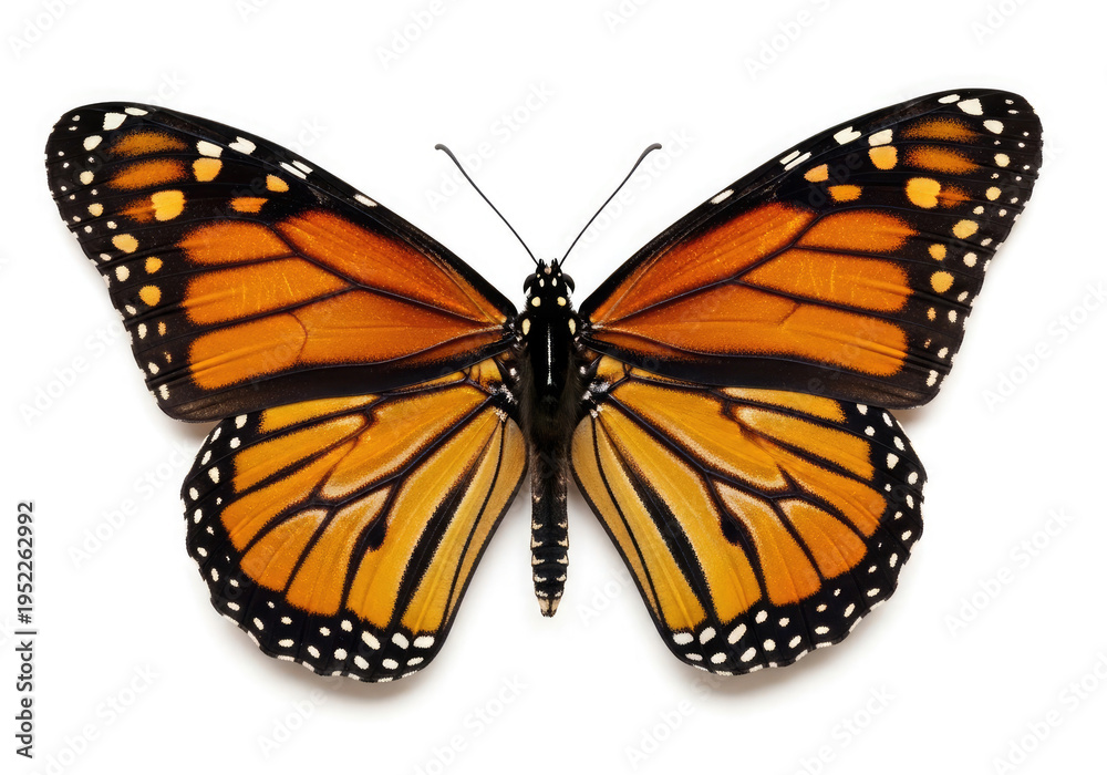 Obraz premium Monarch butterfly isolated on white background with open wings showing details