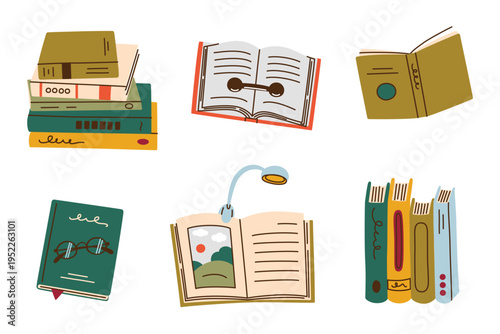 Books clipart set with stacks, open and closed books, reading glasses, clip on lamp, bookmarks and page holders. Cozy self care and reading hobby, aesthetic sticker vector illustration