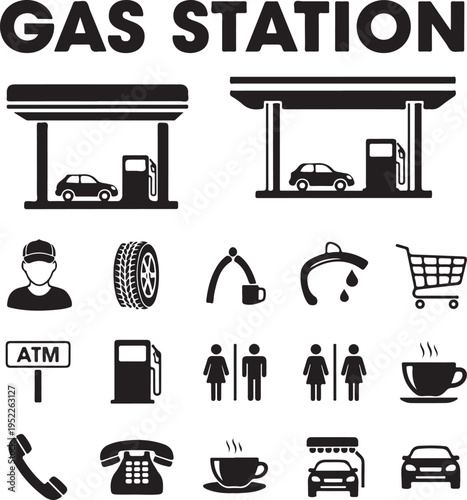 Gas Station and Service Objects icons Set, Black and white, Silhouette, Minimart, Toilet, Car Wash, ATM