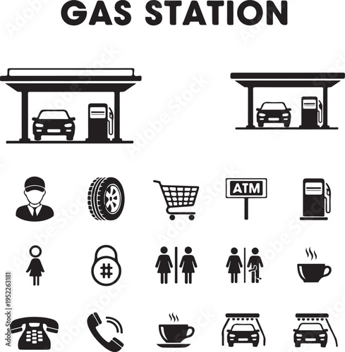Gas Station and Service Objects icons Set, Black and white, Silhouette, Minimart, Toilet, Car Wash, ATM