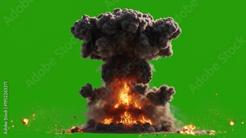 Massive explosion with smoke and fire on a green screen background