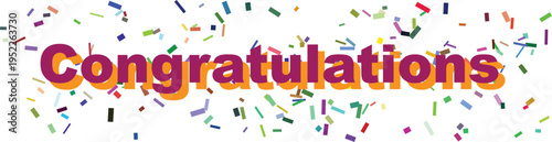 The full word Congratulations rendered in bold purple and orange surrounded by cheerful confetti