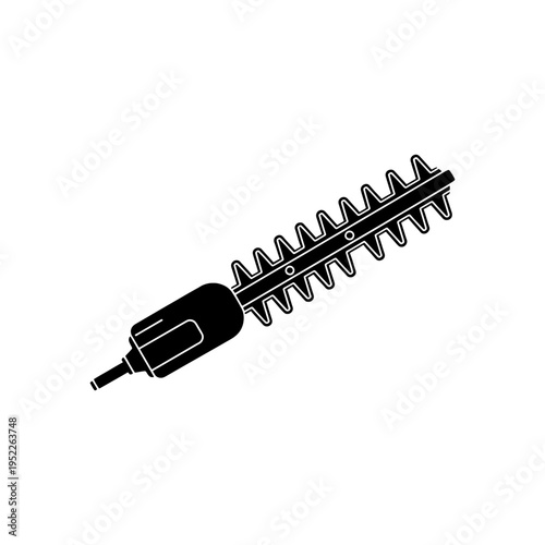 A black silhouette of a powered hedge trimmer tool clearly showing its cutting blades silhouette