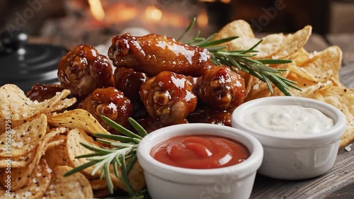 Delicious glazed chicken wings with crispy potato chips and dipping sauces