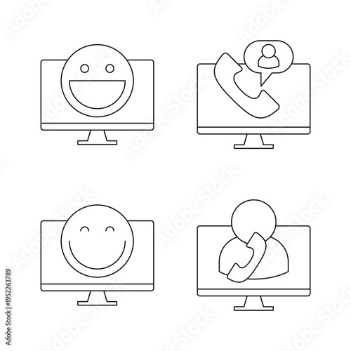 Social and support line icon set monitor