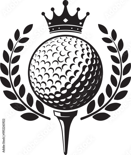Golf ball vector logo. Golf ball on tee with wreath and crown. Vector illustration