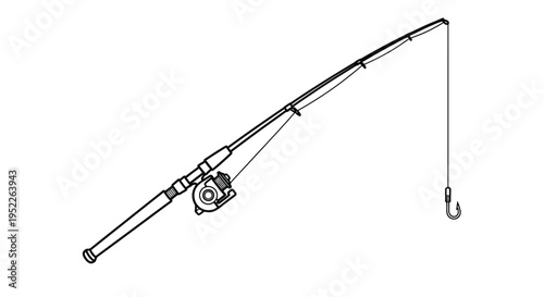 Simple line drawing depicting a fishing rod with reel and hook