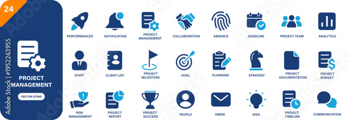 Project management icon collection featuring project budget, planning, performances, goal and project team symbols. Solid vector icons.