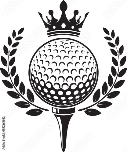 Golf ball vector logo. Golf ball on tee with wreath and crown. Vector illustration