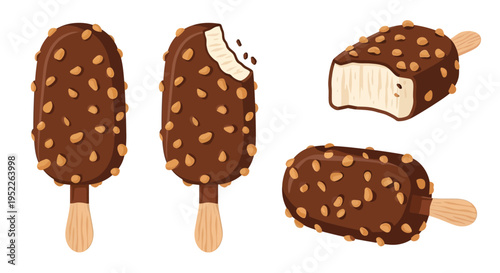 Chocolate covered ice cream bars with nuts shown in various stages