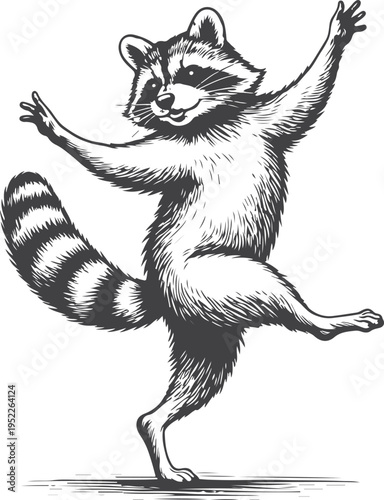 Dancing Raccoon Vintage Engraving Style Illustration – Anthropomorphic Animal in Ballet Pose