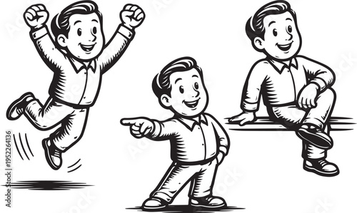 Retro Cartoon Man Set in Different Poses – Jumping, Pointing and Sitting Vintage Style Vector Illustration