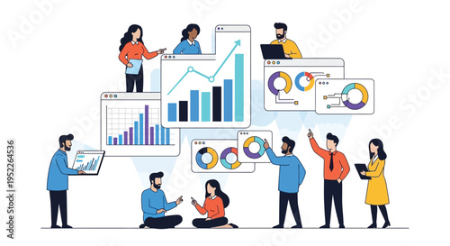 Business growth and teamwork illustrated with charts and people silhouettes