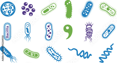 bacteria microorganism icon set, colorful microbe illustration, microbiology symbols, germ collection, medical biology vector, pathogen icons, science healthcare design