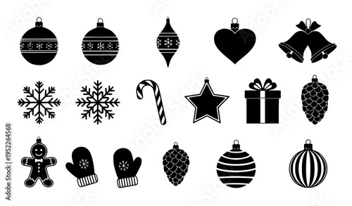 Clean vector set of black-and-white Christmas ornaments for holiday graphics