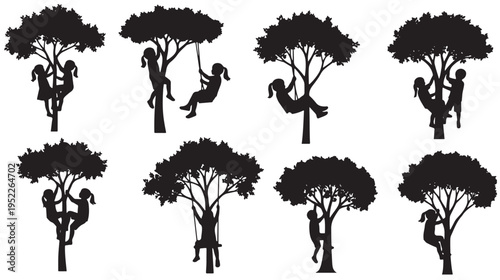 Children Playing on Trees Silhouettes Vector Illustration Isolated on White