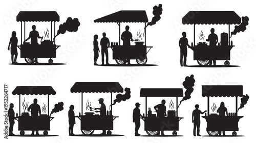 Street Food Cart Vendors Cooking and Serving Customers, Black Silhouette Vector Set