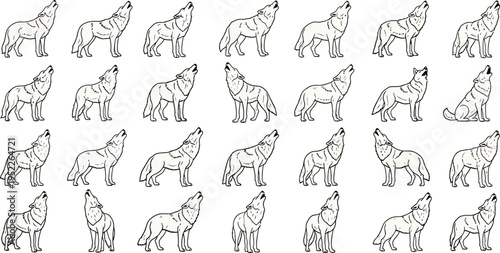 Howling wild wolf line art vector illustration collection