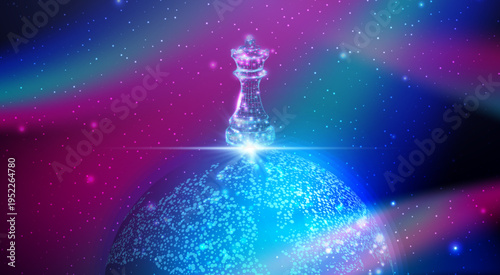 Planet Earth with futuristic glowing chess figure, global strategy and diplomacy concept. Polygonal wireframe vector illustration.