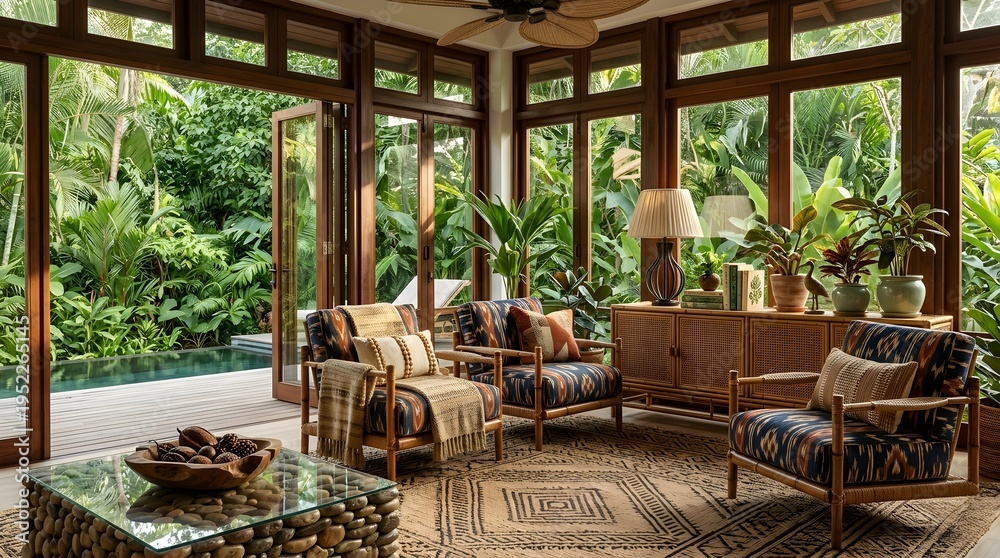 Fototapeta premium Eco Style Living Room with Tropical Garden View, Cozy Natural Interior