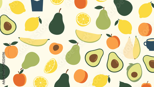 Assorted fruit pattern featuring avocados, lemons, pears, oranges, and apples on a light cream background for a fresh kitchen feel.