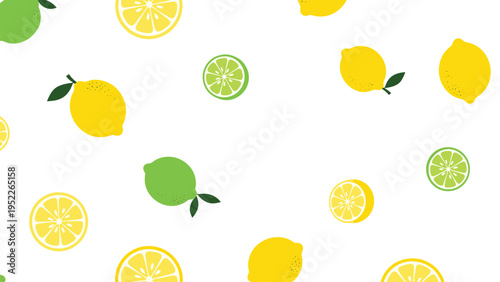 Seamless pattern of yellow lemons and green lime slices scattered across a white background for a refreshing and citrusy summer vibe.
