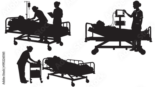 Nurses Caring for Patients in Hospital Beds Silhouettes Vector