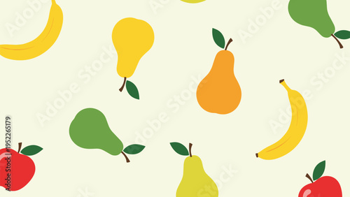 Colorful pattern of various fruits including red apples, yellow pears, green pears, and bananas on a light cream-colored background.