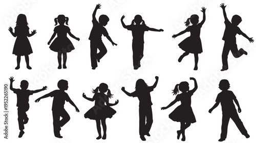 Children Silhouettes Jumping Playing Dancing Isolated on White Vector Illustration