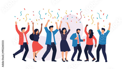 Happy group of diverse people celebrating at a party with colorful confetti falling around them as they dance and have fun.