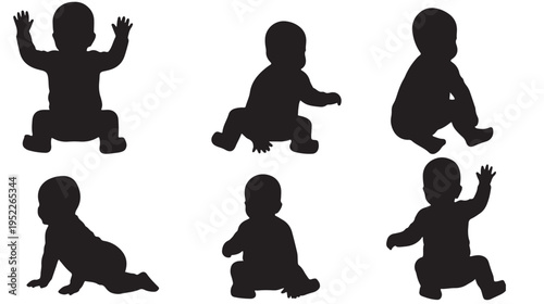 Baby Silhouettes Set Crawling Sitting Posing Isolated on White Background