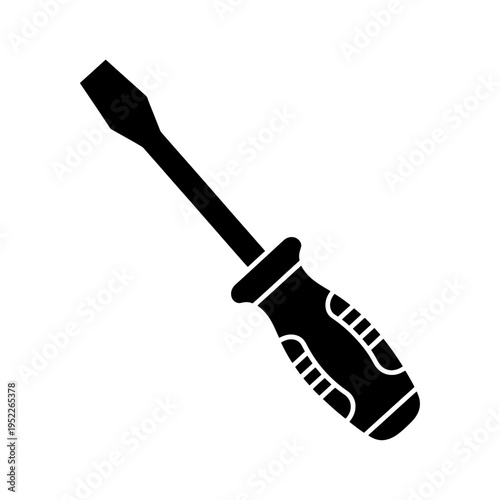 A simple black flathead screwdriver is displayed against a white background shown as a silhouette