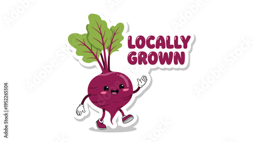 Smiling cartoon beet character with green leaves and the text locally grown in a speech bubble, promoting fresh local produce.