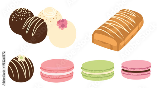 Selection of gourmet sweets including chocolate truffles, a pastry roll, and colorful macarons in pink, green, and lavender.