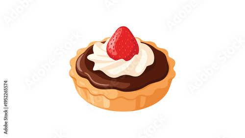 Appetizing illustration of a chocolate tart with a swirl of whipped cream topped with a fresh red strawberry on a white background.