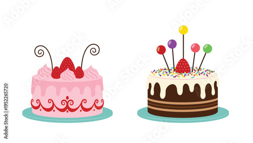 Two different types of decorated cakes, one pink with strawberries and swirls, and one chocolate with colorful toppings on stands.