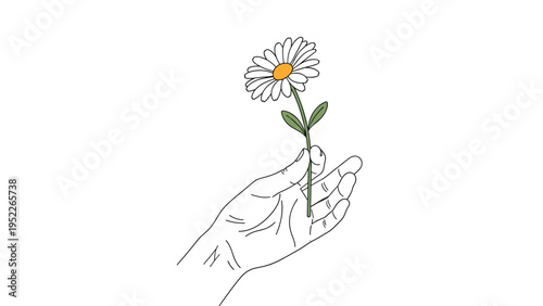 Simple line drawing of a hand holding a single daisy flower with a yellow center, representing a gift of nature and peace.