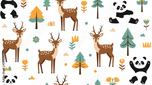 Playful forest pattern showcases cute deers, happy pandas, pine trees, and colorful flowers on a clean white background for kids.