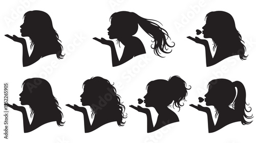 Girls Silhouettes Blowing Kisses Profile View Isolated on White Vector Set