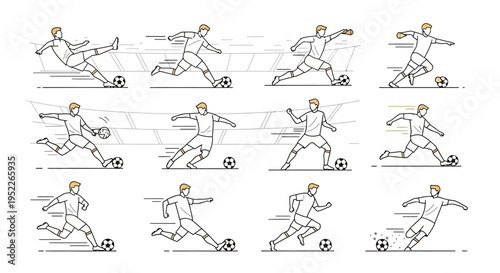 A comprehensive set of line art illustrations depicting a soccer player performing various actions and techniques with a football on a stadium background.