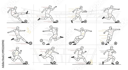 Line art illustrations of a soccer player demonstrating various football actions and movements.