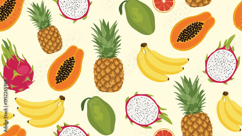 Vibrant tropical fruit pattern includes ripe pineapples, yellow bananas, orange papayas, and pink dragon fruits on a pale background.