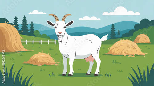 White goat standing in green field with haystacks and fence serene countryside landscape background