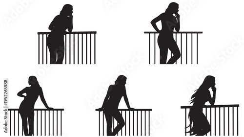 Black Female Silhouettes Posing on Balcony Railing Isolated on White Vector