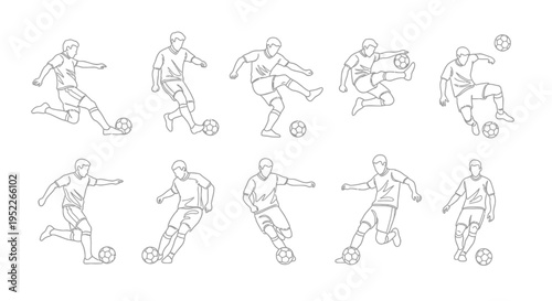 Line art illustrations of soccer players performing various actions with a football, depicting different kicking, dribbling, and ball control techniques.