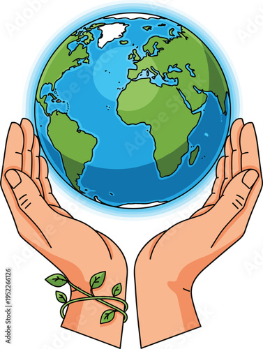 Hands Holding Earth Globe Illustration with Green Leaves Symbolizing Environmental Protection, Sustainability, and Global Care for Nature and Eco Friendly Concepts