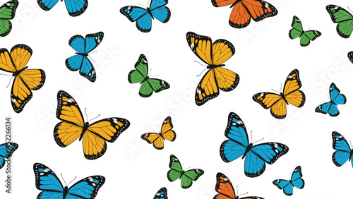 Colorful butterfly pattern displays orange, blue, and green monarch butterflies fluttering across a plain white seamless background.