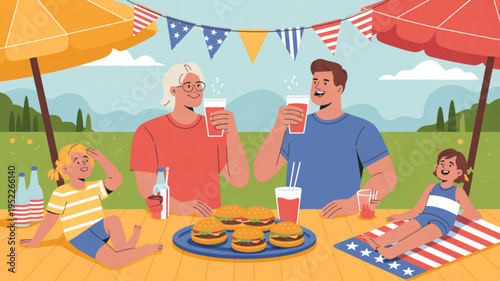 Family enjoying burgers and drinks at outdoor summer picnic with american flags and bunting